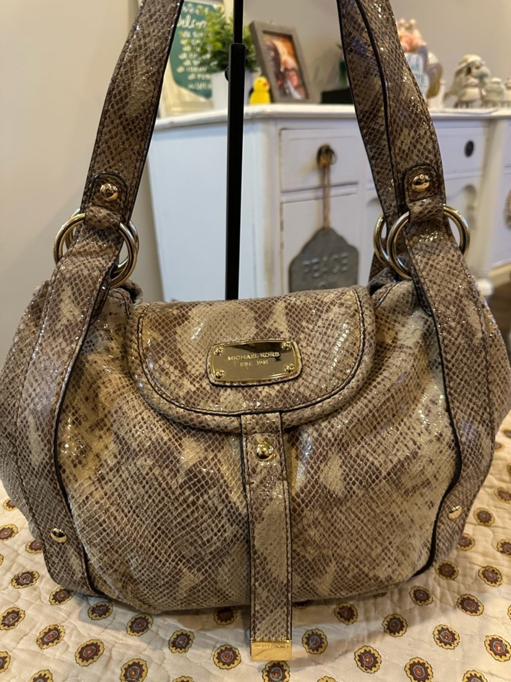 Michael Kors Brimfield Python Embossed Leather Hobo Shoulder Bag - Picture 1 of 8